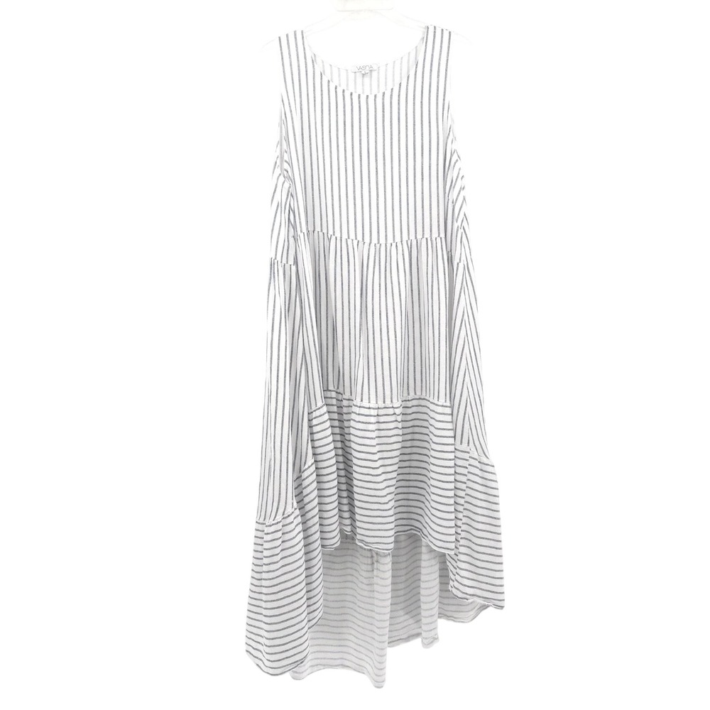 Vasna Striped Tiered High Low Dress Womens Large Blue White Linen Blend Italy